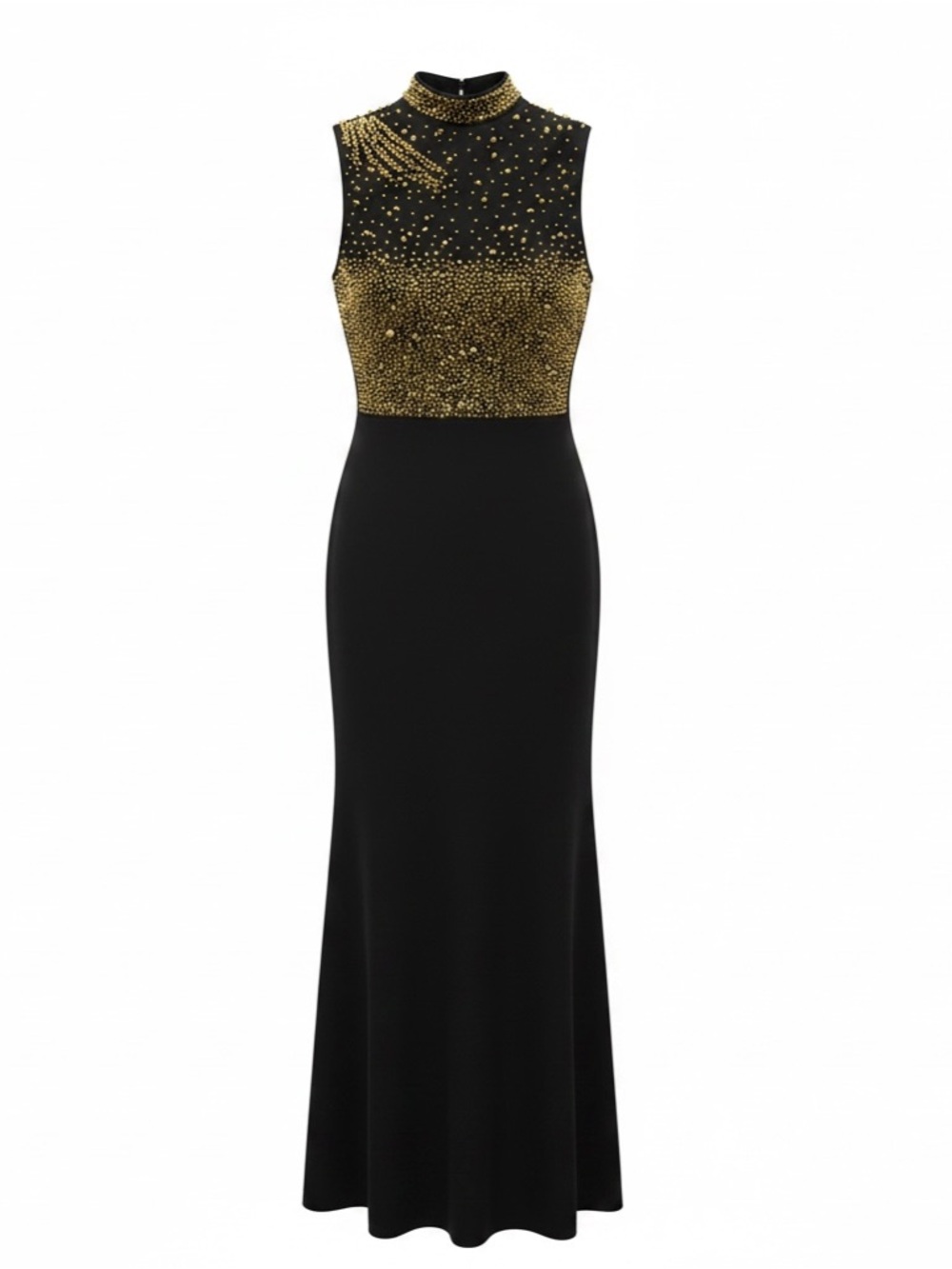 Black Gold Beaded Formal Gown Sleeveless High Neck Evening Dress